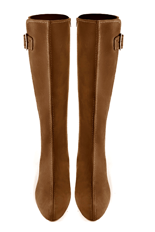 Caramel brown women's knee-high boots with buckles. Round toe. Low flare heels. Made to measure. Top view - Florence KOOIJMAN